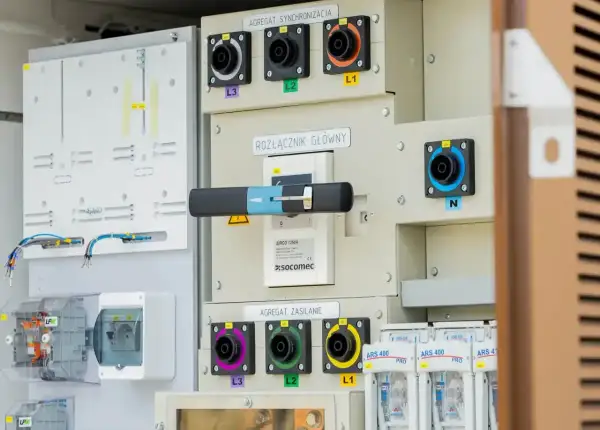 Panel sterowania z rozłącznikiem głównym i gniazdami L1, L2, L3, N. System zasilania z zabezpieczeniami ARS 400.