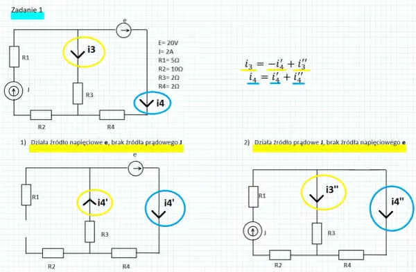 Schemat obwodu elektrycznego ilustrujący zasadę superpozycji, z zaznaczonymi prądami i3, i4, i4', i3'', i4''.