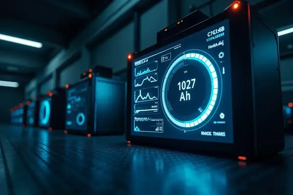 Cyfrowe wyświetlacze pokazują dane techniczne, w tym pojemność akumulatora 1027 Ah, w rzędzie nowoczesnych urządzeń.