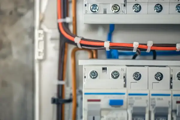 Nowoczesna instalacja elektryczna bezpuszkowa z przewodami w kolorach czarnym i pomarańczowym, uporządkowanymi opaskami.