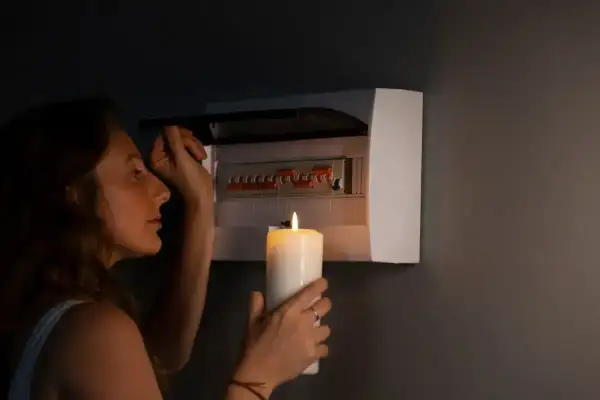 Kobieta z zapaloną świecą przy skrzynce z bezpiecznikami. Czy to oznacza blackout? Co to jest blackout?
