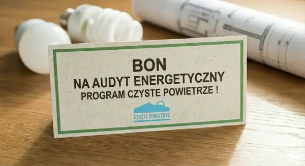 Bon na audyt energetyczny w ramach programu Czyste Powietrze. Na stole leżą żarówki i projekt.