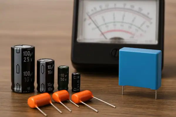 Różne kondensatory o różnej pojemności, od 10 µF do 100 µF, leżą obok analogowego miernika.
