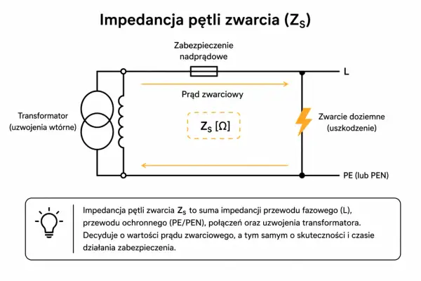 Schemat przedstawia pomiar impedancji pętli zwarcia (Zs). Określa ona prąd zwarciowy i skuteczność zabezpieczeń.
