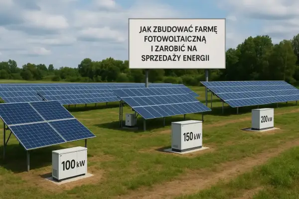 Rozległa farma fotowoltaiczna z rzędami paneli słonecznych. Na tablicy informacja: "Jak zbudować farmę fotowoltaiczną i zarobić na sprzedaży energii".