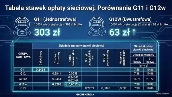 Porównanie taryfy G11 i G12w. Taryfa G12w jest dwustrefowa, co oznacza niższe koszty dystrybucji energii elektrycznej.