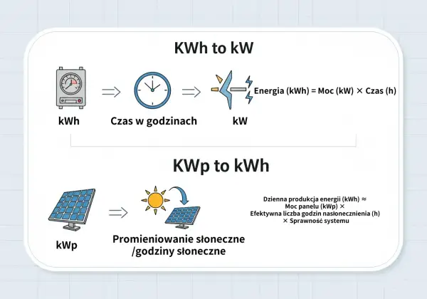 Wykres wyjaśnia zależność między kWh a kW, pokazując, że energia (kWh) to moc (kW) razy czas. Panele słoneczne (kWp) produkują energię w zależności od nasłonecznienia.